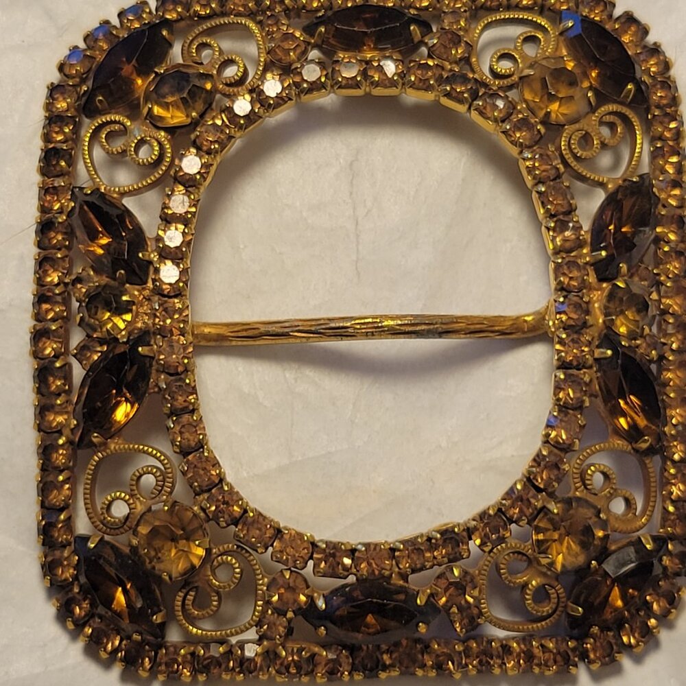 Vintage Juliana Amber Rhinestone Gold Metal Belt Buckle